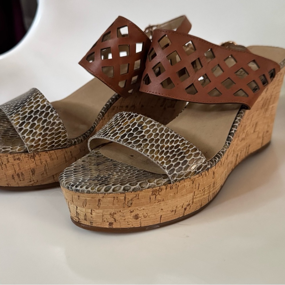 Vaneli Tan and Snake Print Wedge Sandals